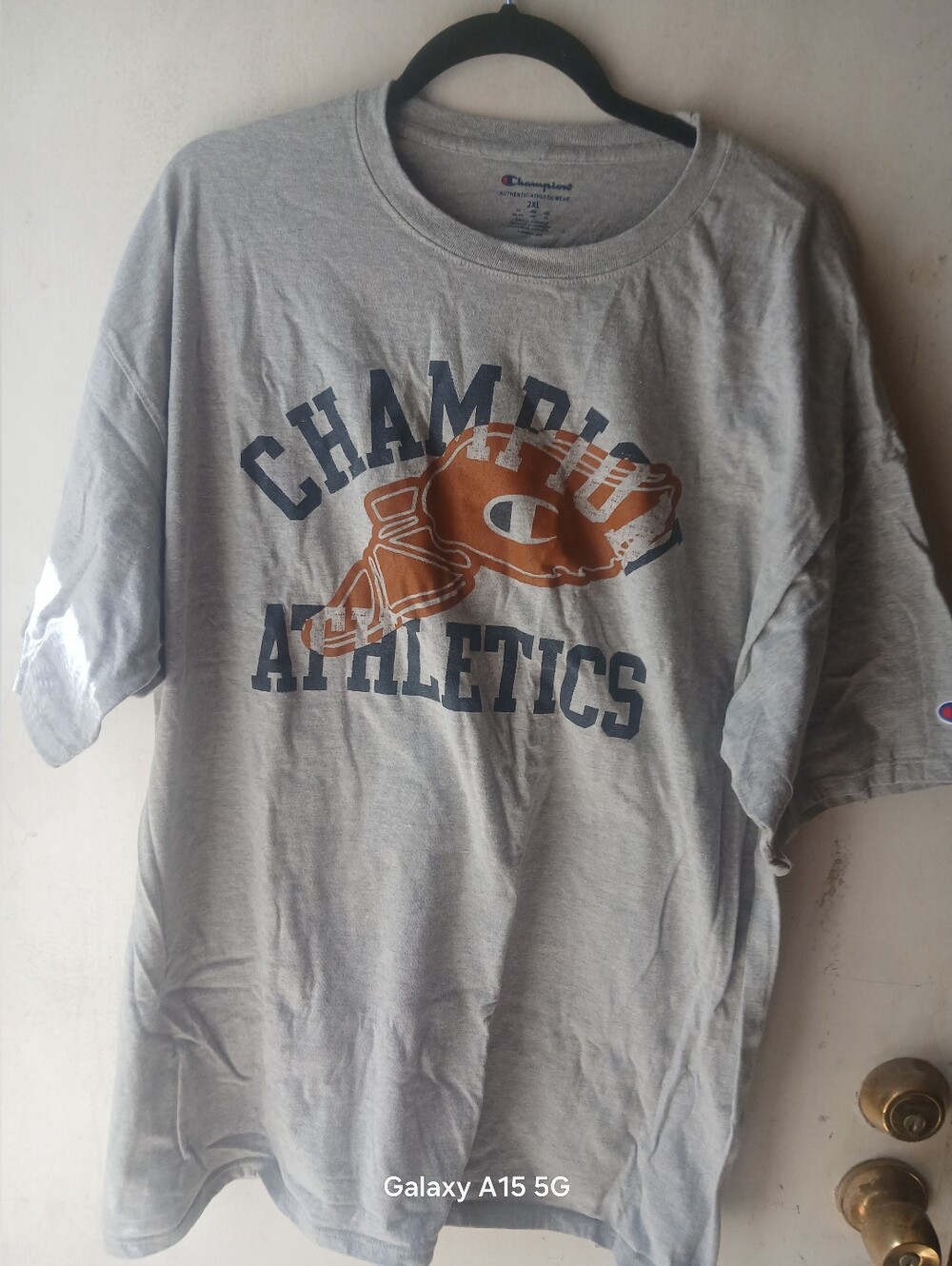 Champion Light Heather Gray Tee with Navy Text and Burnt Orange Shoe Graphic